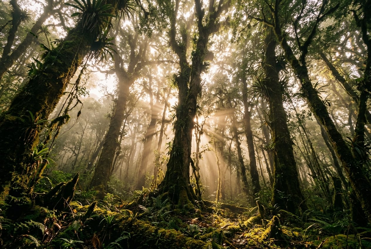 Bosque andino con rayos de luz